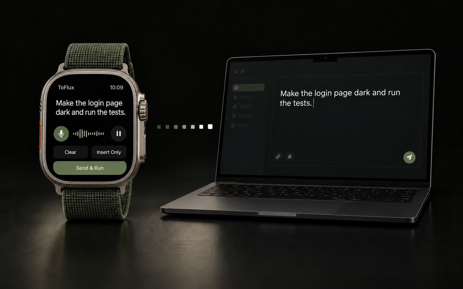 Illustrative ToFlux interface showing English dictation on Apple Watch and text for Codex on Mac